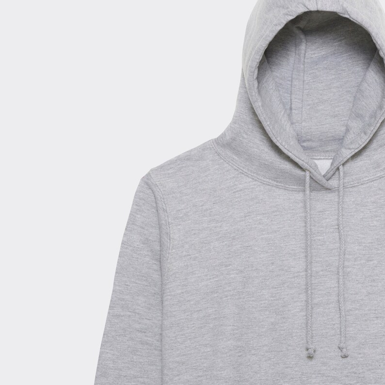 May include: A heather gray hooded sweatshirt with a drawstring.