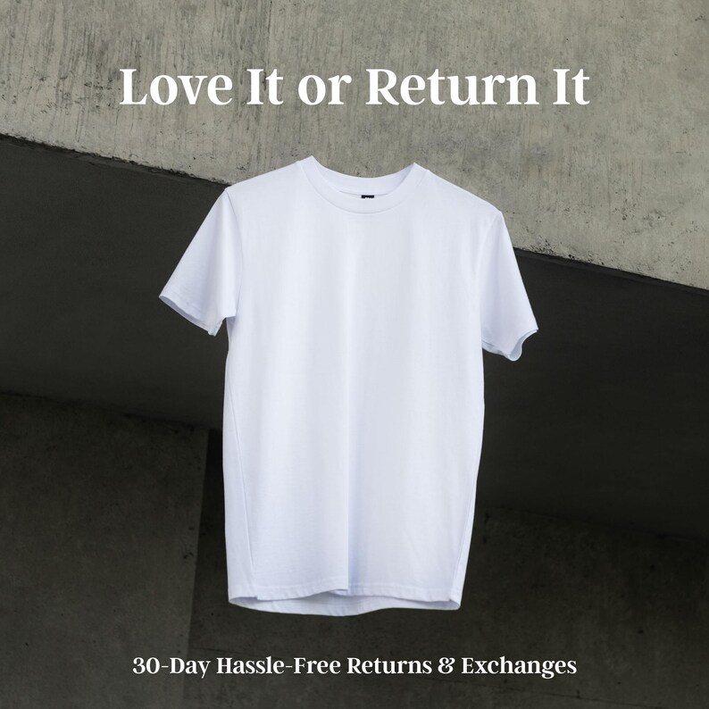 A white t-shirt is hanging on a concrete wall, with the text "Love It or Return It" displayed above it.