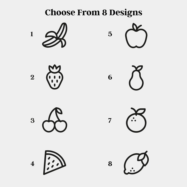 May include: A set of eight black and white line drawings of different fruits. The fruits are numbered 1 through 8. The fruits are: banana, strawberry, cherries, watermelon slice, apple, pear, orange, and lemon.