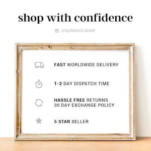 May include: A framed illustration with a gold frame and white background. The illustration features four icons and text describing fast worldwide delivery, 1-2 day dispatch time, hassle free returns with a 30 day exchange policy, and 5 star seller.