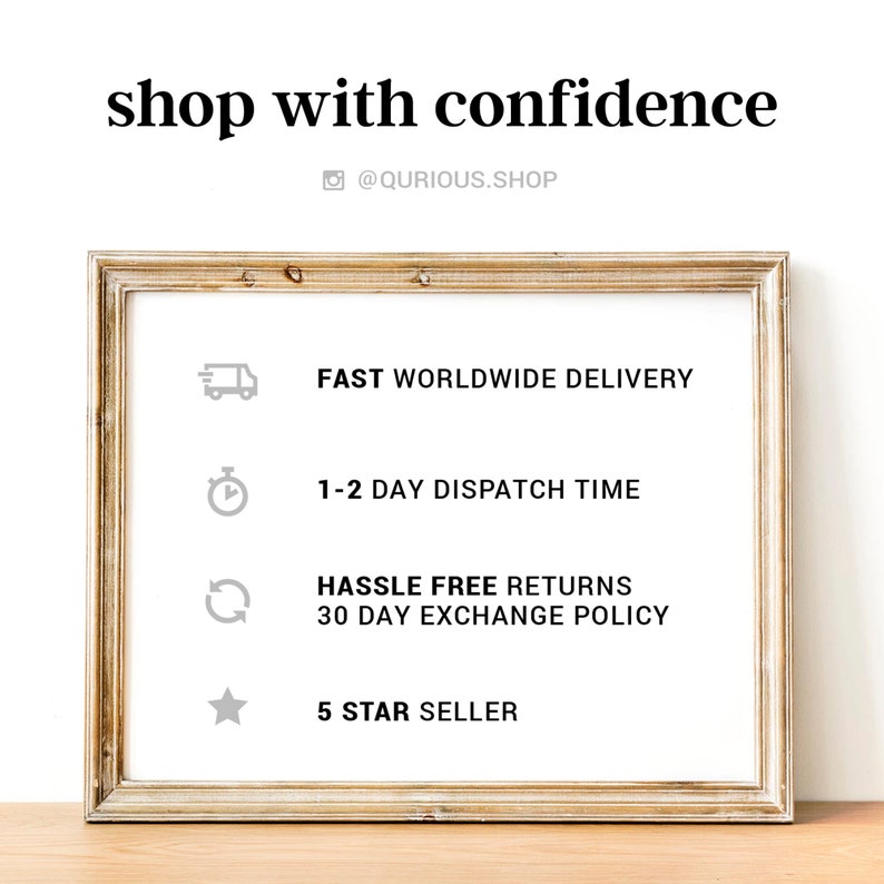 May include: A framed illustration with a gold frame and white background. The illustration features four icons and text describing fast worldwide delivery, 1-2 day dispatch time, hassle free returns with a 30 day exchange policy, and 5 star seller.