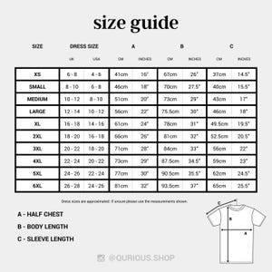 The image is a size guide for a dress and a t-shirt, providing measurements for different sizes ranging from small to large.