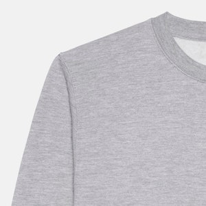 May include: A gray sweatshirt with a crew neck.