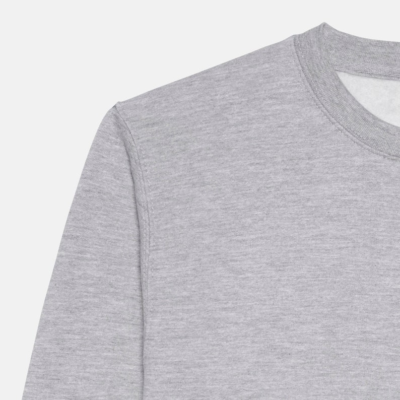 May include: A gray sweatshirt with a crew neck.