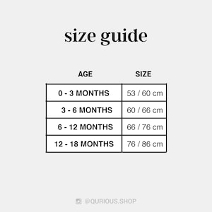 May include: A size guide for baby clothes, showing age ranges in months and corresponding chest measurements in centimeters. The chart shows sizes for 0-3 months, 3-6 months, 6-12 months, and 12-18 months.