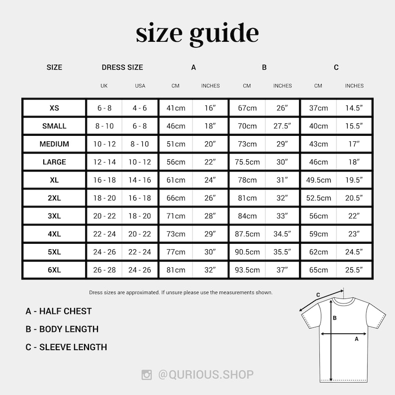 The image is a size guide for a dress and a t-shirt, providing measurements for different sizes ranging from small to large.