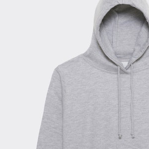 May include: A heather gray hooded sweatshirt with a drawstring.