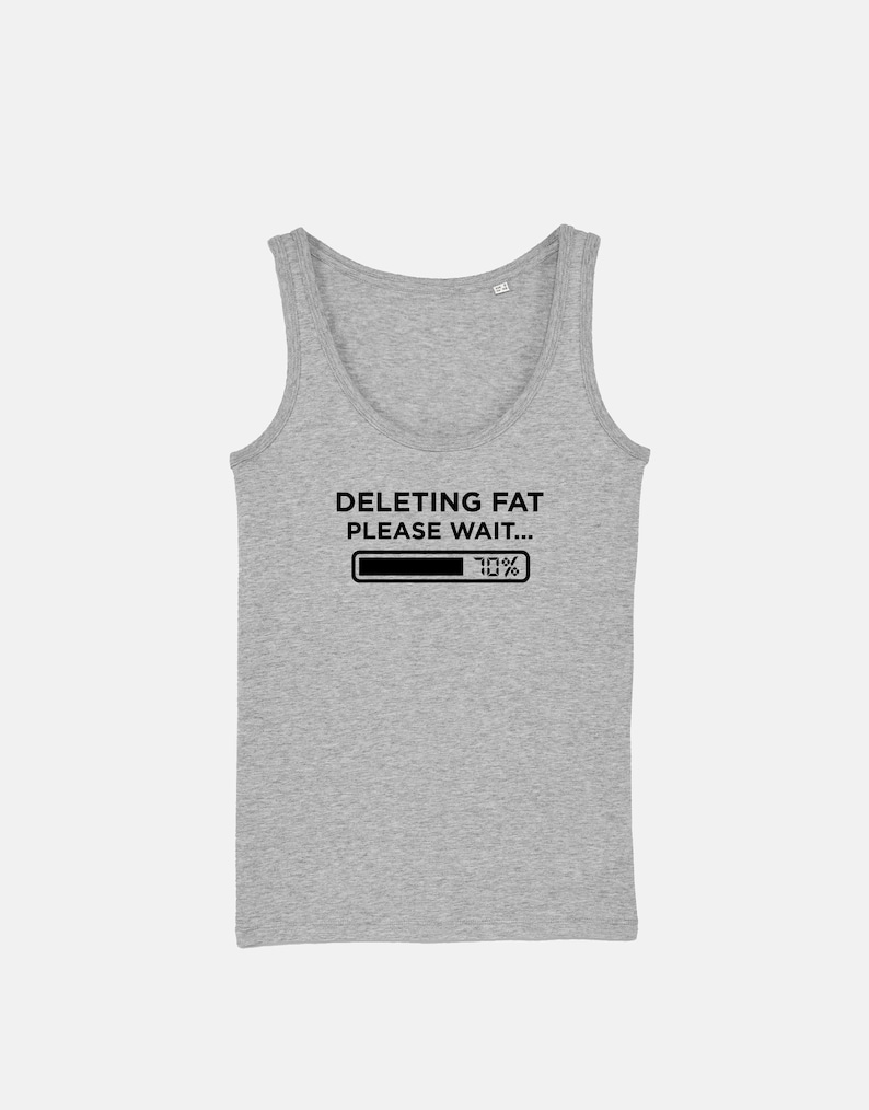 May include: Gray tank top with the text "Deleting Fat Please Wait..." and a progress bar that reads "70%".