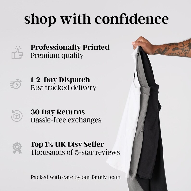 a person holding up a shirt, with text describing the features of the shirt and the seller.