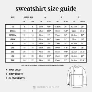 The image is a size guide for a sweatshirt, providing measurements for different dress sizes and sleeve lengths.