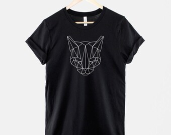 Geometric Cat Print Shirt: Minimalist Feline Art Tee, Ring Spun Cotton