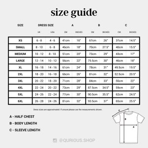 May include: Size chart for clothing with measurements in inches and centimeters. The chart shows sizes XS to 6XL with corresponding UK and US sizes. The chart also shows measurements for half chest, body length, and sleeve length.