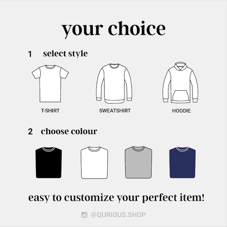 a selection of clothing items, including a T-shirt, a sweatshirt, and a hoodie, with options for selecting a style and color.