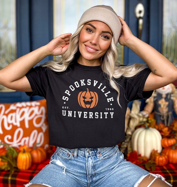 Halloween University Vintage T-Shirt, Distressed Spooksville Logo (Black Cotton, Retro College Style, Unisex S-6XL)