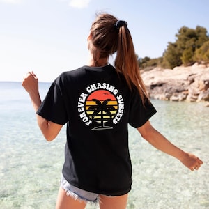 Oversized T-Shirt - Retro Beach Shirt Forever Chasing Sunsets - Palm Silhouette Print, Soft Cotton, Unisex image 1