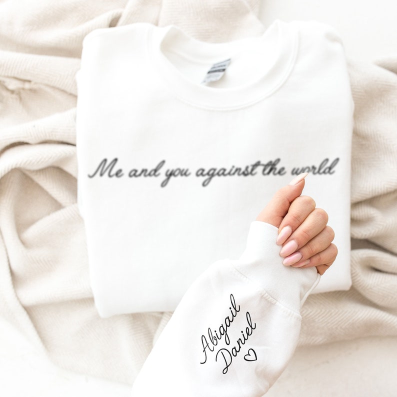 Personalised Couples Sweatshirt Name On Sleeve Sweater Engagement Gift for Couples His And Hers Sweatshirt For Couples White