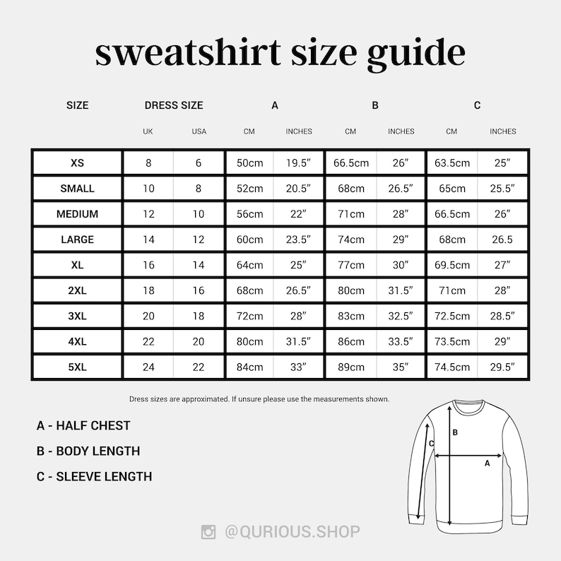 The image is a size guide for a sweatshirt, providing measurements for different dress sizes and sleeve lengths.