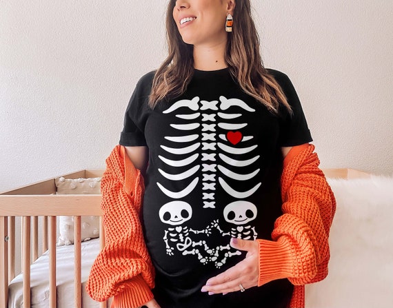 Twin Pregnancy Halloween Shirt - Playful Skeleton Graphic