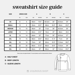 The image is a size guide for a sweatshirt, providing measurements for different dress sizes and sleeve lengths.