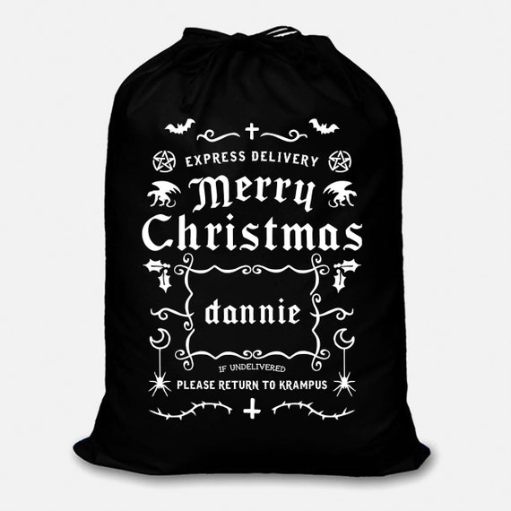 Personalised Christmas Sack - Goth Santa Bag - Black Cotton Gift Sack - Alternative Xmas Stocking - Custom Name Christmas Bag