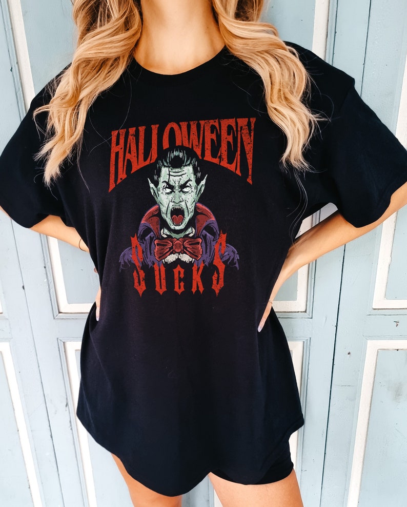 Halloween Sucks Vintage T-Shirt, Distressed Vampire Movie Poster (Unisex XS-6XL, Black Cotton) image 1