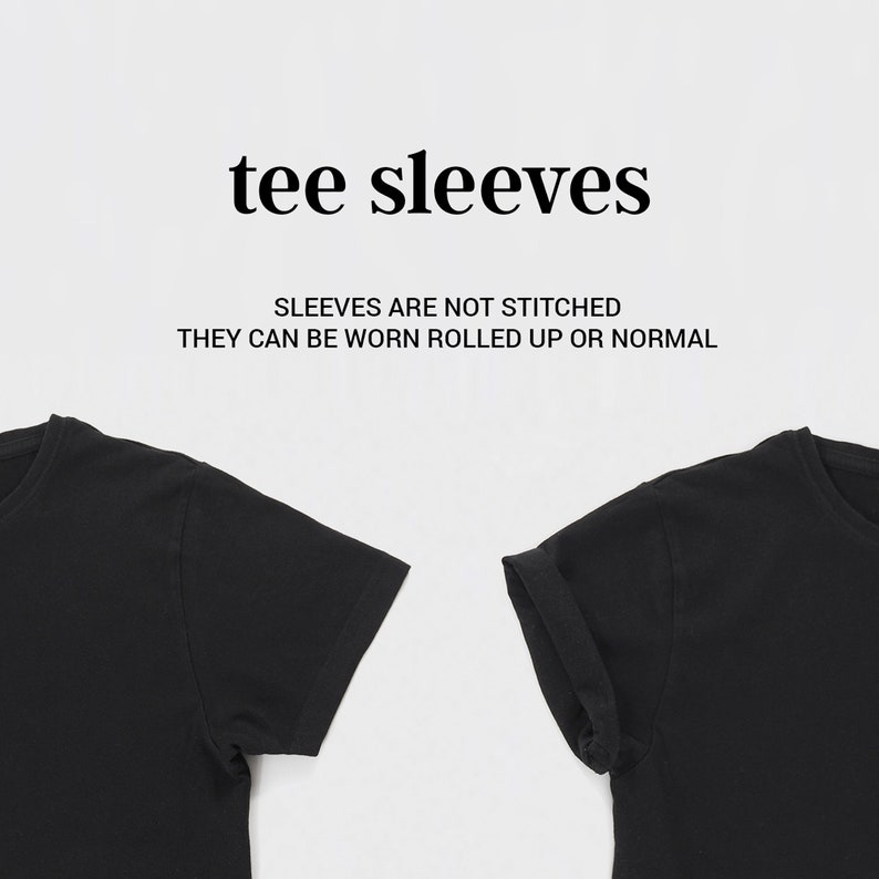 Puede incluir: Dos camisetas negras con mangas que no est&aacute;n cosidas. El texto "tee sleeves" y "Sleeves are not stitched. They can be worn rolled up or normal" est&aacute; impreso sobre un fondo blanco.