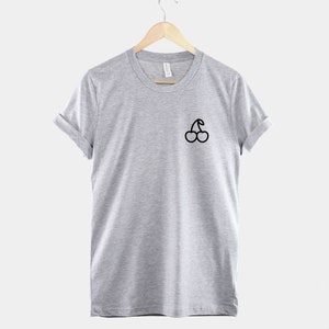 May include: A heather grey t-shirt with a black cherry graphic on the left chest.