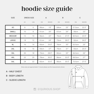 May include: Hoodie size guide chart with measurements in inches and centimeters. The chart shows sizes XS to 5XL with corresponding UK and US sizes. The chart also shows measurements for half chest, body length, and sleeve length.