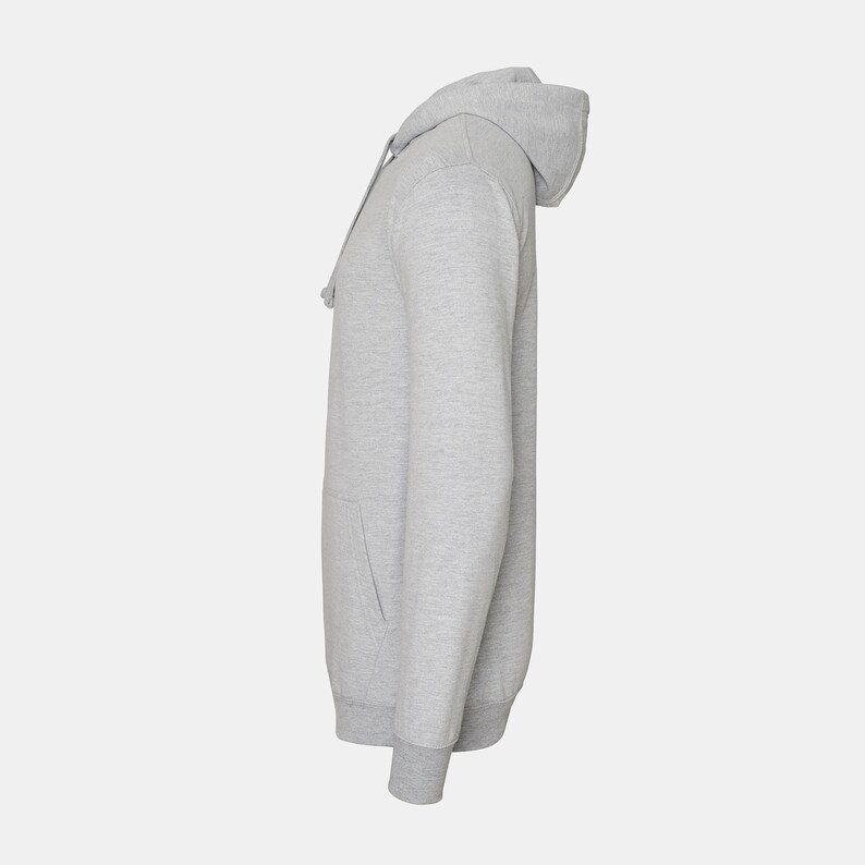 May include: A gray hooded sweatshirt with a pouch pocket on the front.