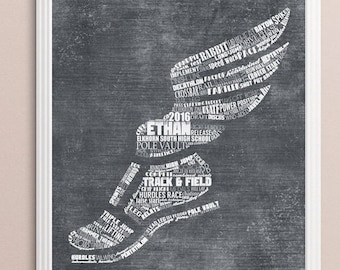 Puede incluir: Una imagen en blanco y negro de una figura corriendo hecha de texto. El texto incluye el nombre Ethan, el año 2016 y las palabras "Track & Field" y "Pole Vault".