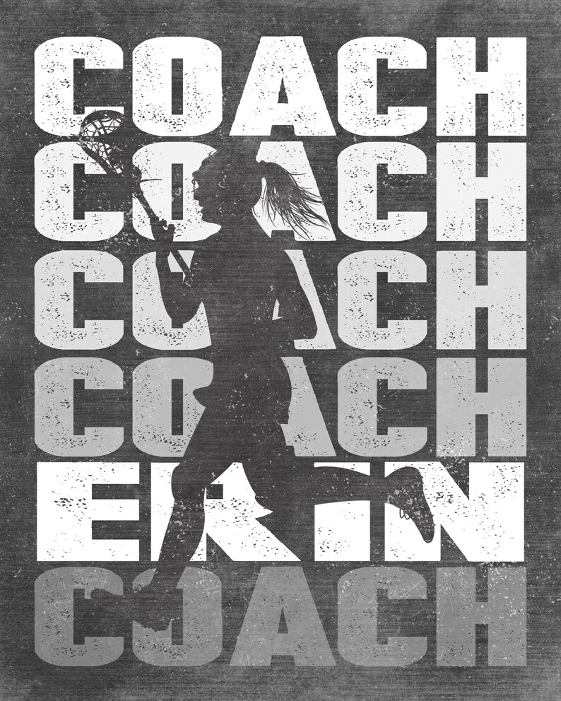 May include: A black and white graphic design featuring a silhouette of a lacrosse player with the word "COACH" repeated in a stacked pattern.