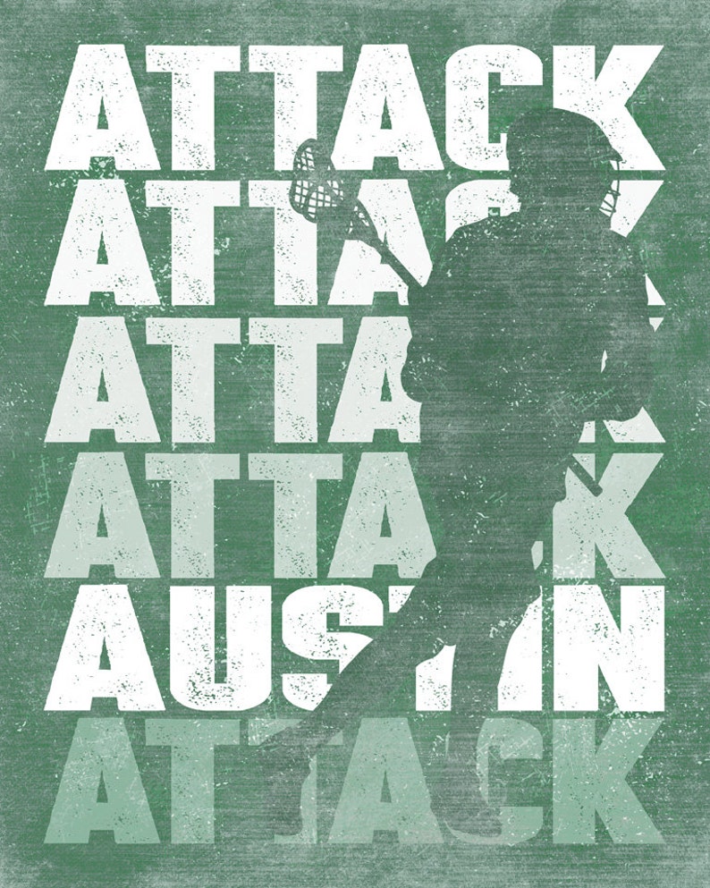 May include: A green and white graphic design featuring a silhouette of a lacrosse player with a lacrosse stick. The text "ATTACK" is repeated multiple times in a faded effect.