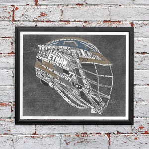 May include: A black and white word art print of a lacrosse helmet. The helmet is made up of words related to the sport of lacrosse, including "stick", "goal", "cross", "attack", and "defence". The name "Ethan" is prominently displayed in the centre of the helmet.