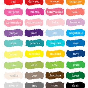 May include: A color chart featuring 36 paint swatches with names like "red," "turquoise," and "chocolate." The text "SHAUNA SMITH PHOTOGRAPHY + DESIGN" is at the top. A disclaimer at the bottom states that colors may vary.