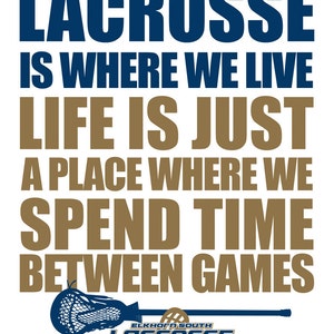 May include: White poster with navy blue and brown text that reads "LACROSSE IS WHERE WE LIVE LIFE IS JUST A PLACE WHERE WE SPEND TIME BETWEEN GAMES." A lacrosse stick graphic is at the bottom with the text "ELKHORN SOUTH Lacrosse."