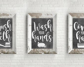 PRINTABLE Bathroom Wall Decor - Bathroom Signs - Chalkboard Bathroom Wall Art - Brush Your Teeth - Wash Your Hands - Comb Your Hair