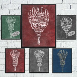 May include: Five different lacrosse stick designs with various lacrosse terms and phrases inside the stick shape. The designs are in red, green, blue, grey, and black. The words are in white.