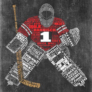 May include: A black and white illustration of a hockey goalie in a red and white uniform. The goalie is wearing a mask and holding a hockey stick. The illustration is made up of words related to hockey, such as "goalie", "stick", "net", and "puck".