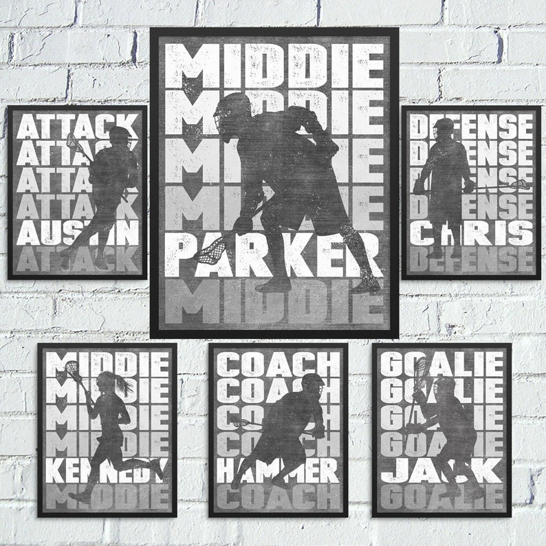 May include: Set of 8 black and white lacrosse player silhouette prints with names and positions. The prints feature the words "Attack", "Middie", "Defence", "Coach", "Goalie", "Austin", "Parker", "Chris", "Kennedy", "Hammer", and "Jack".