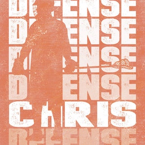 May include: A white silhouette of a lacrosse player with a lacrosse stick in hand, with the word "DEFENSE" repeated five times and the word "CHRIS" in white text on an orange background.