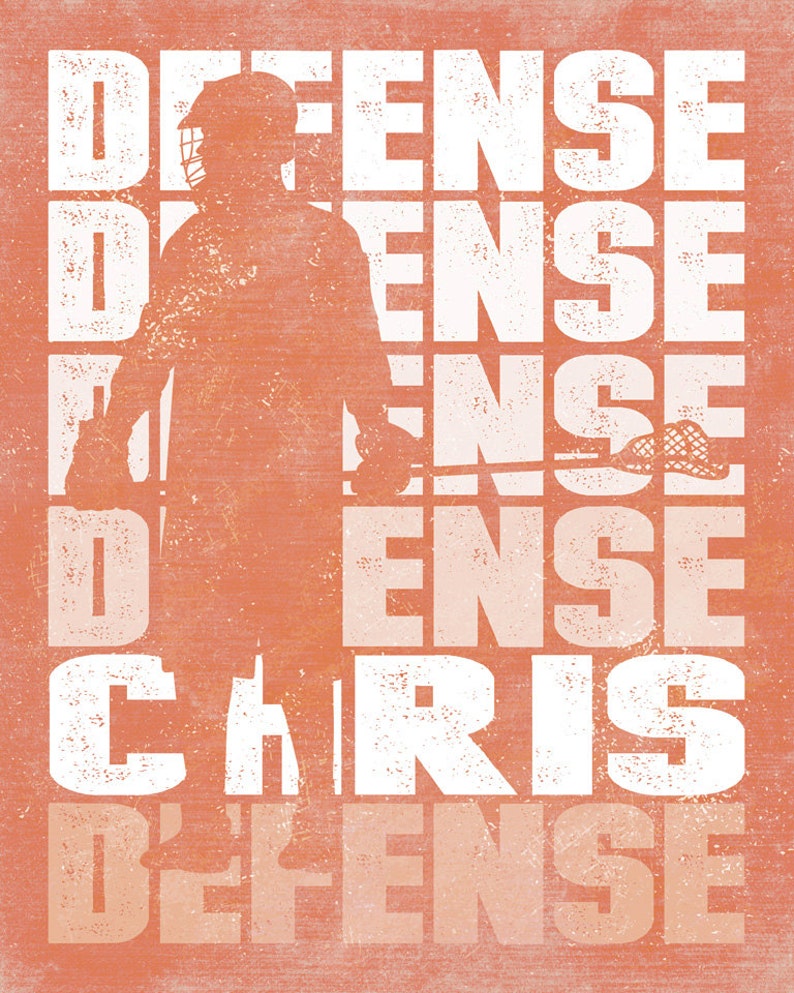May include: A white silhouette of a lacrosse player with a lacrosse stick in hand, with the word "DEFENSE" repeated five times and the word "CHRIS" in white text on an orange background.