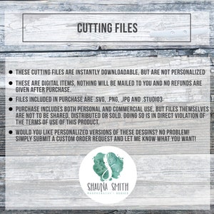 K&ouml;nnte beinhalten: Infografik zu digitalen Schneidedateien. Der Text enth&auml;lt Details zu Sofort-Downloads, digitalen Artikeln, Dateiformaten (.SVG, .PNG, .JPG, .STUDIO3) und Nutzungsbedingungen. Die Grafik zeigt ein Aquarelldesign mit dem Namen "Shauna Smith Photography Design."