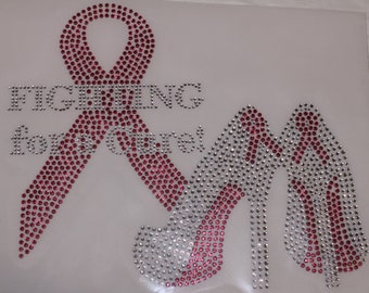 Fighting for a Cure w/ Pink Ribbon-Breast Cancer Awearness Rhinestone Iron on Hotfix Application