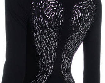 Angel Wings Black and Silver Rhinestone  Iron on Shirt