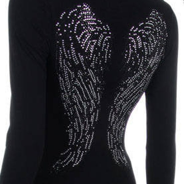 Angel Wings Black and Silver Rhinestone  Iron on Shirt