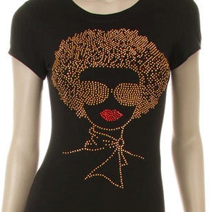 Gold Hair Afro Girl Wearing Glasses Rhinestud Iron on Shirt