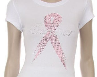 Breast Cancer Awareness Survivor Pink Ribbon Rhinestone Iron on Shirt