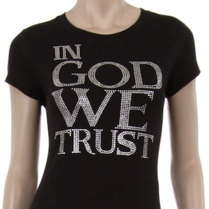 In God We Trust Clear Rhinestone Iron on Short Sleeve Shirt