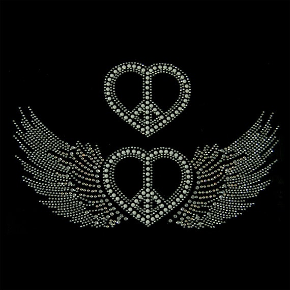 Peace Sign Heart Wings Rhinestone Iron on Hotfix