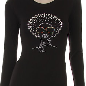 Natural Hair Afro Girl wearing Glasses Rhinestone Crew Neck Long Sleeve Shirt